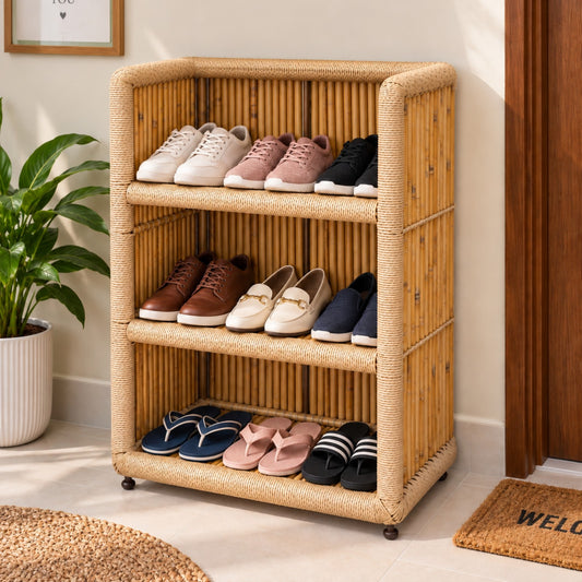 Sthula's Cane Bamboo Shoe Rack – Natural Brown 3 Tier Handcrafted Footwear Organizer