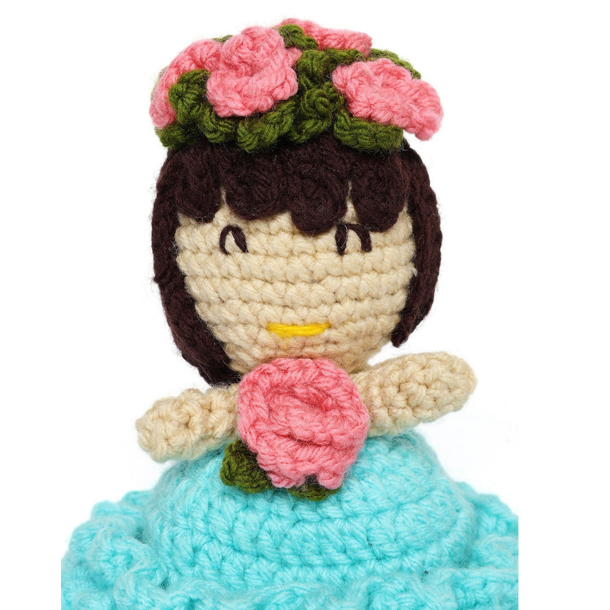 Sthula's Handmade Crochet Blue Dress Doll with Pink Rose Flower Crown
