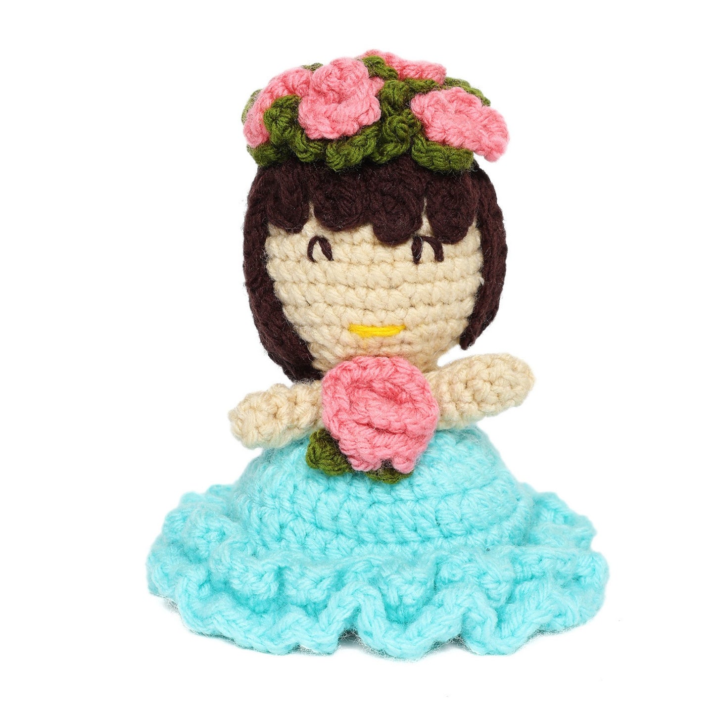 Sthula's Handmade Crochet Blue Dress Doll with Pink Rose Flower Crown