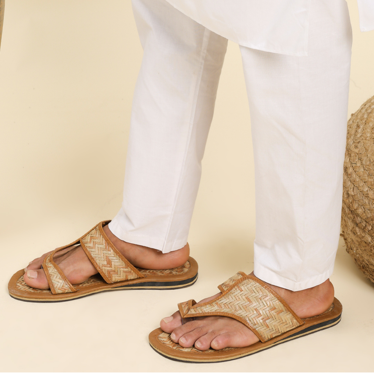 Sthula's Men’s Woven Pattern Flat Sandals – Tan, Synthetic & Woven Material