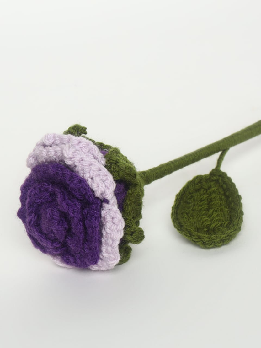 Sthula's Handcrafted Handmade Purple & White Wool Rose with Leaf & Stem