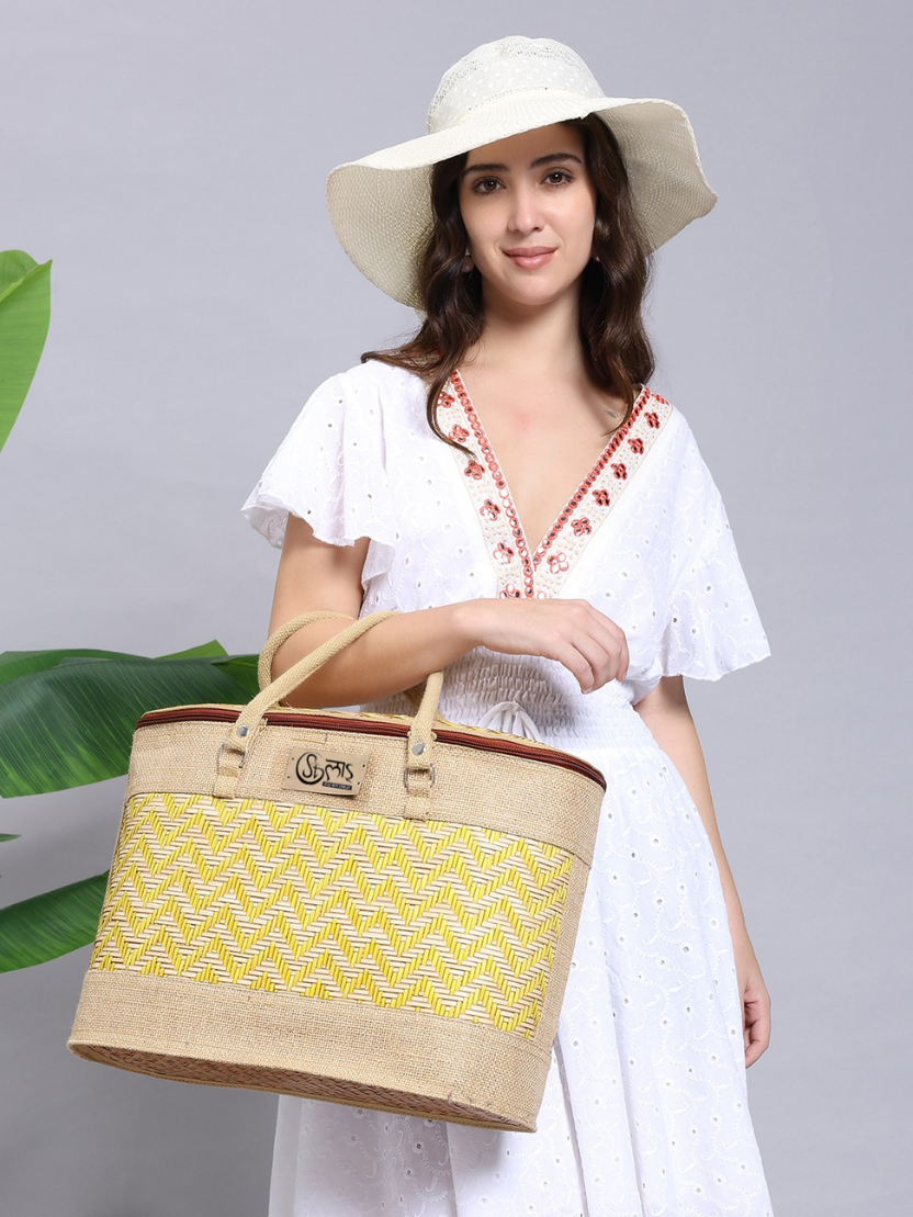 Sthula's Handwoven Bamboo Women’s Yellow Tote Bag