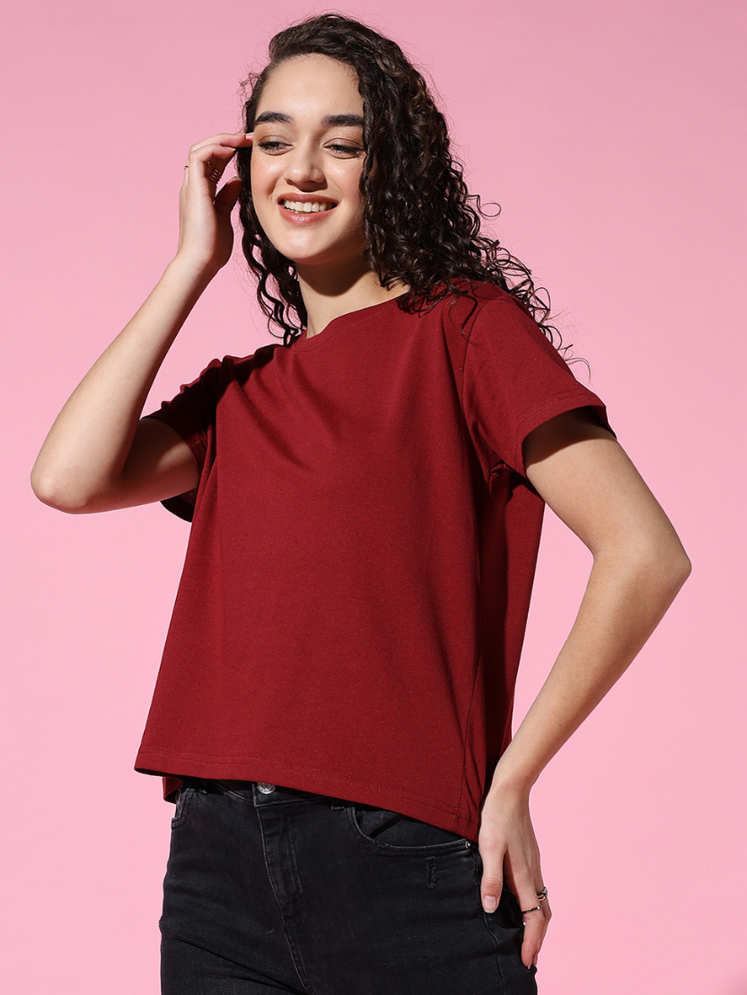 Sthula's Women Maroon Cotton T-Shirt