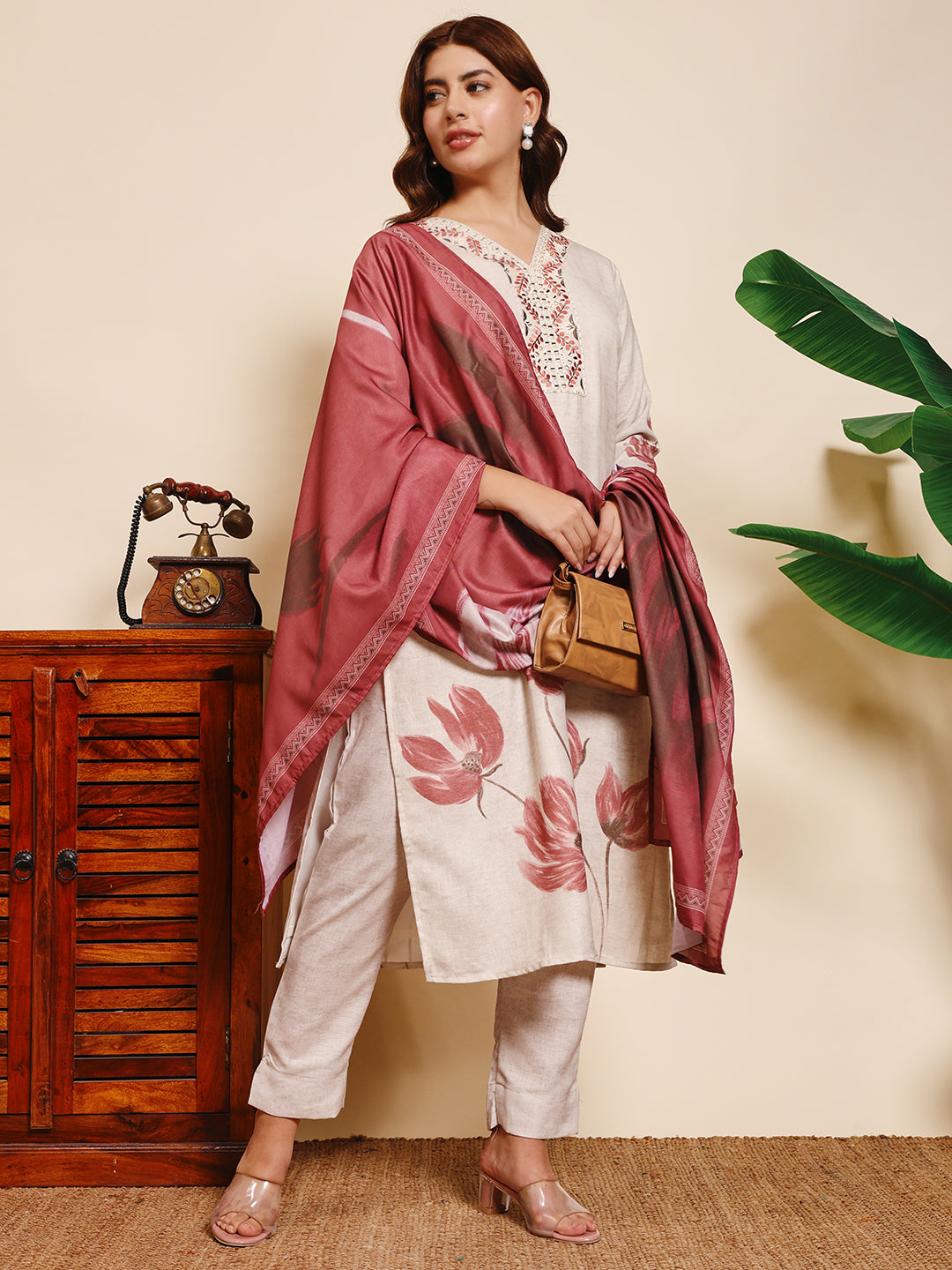 Sthula's Off White Floral Kurta Set with Wine Dupatta