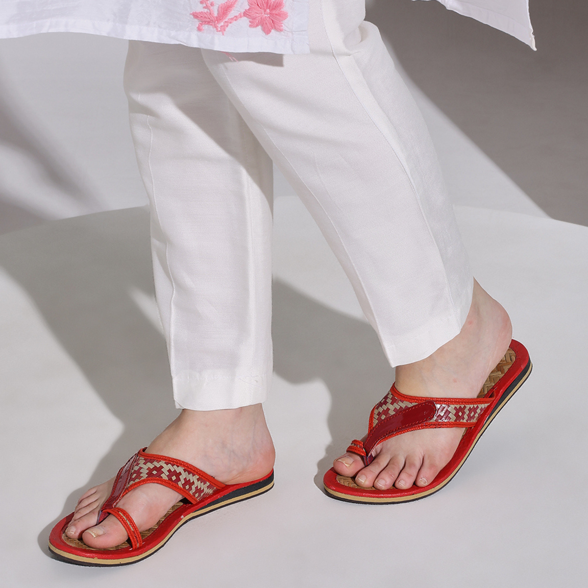 Sthula's Women’s Woven Strap Flat Sandals – Red, Synthetic