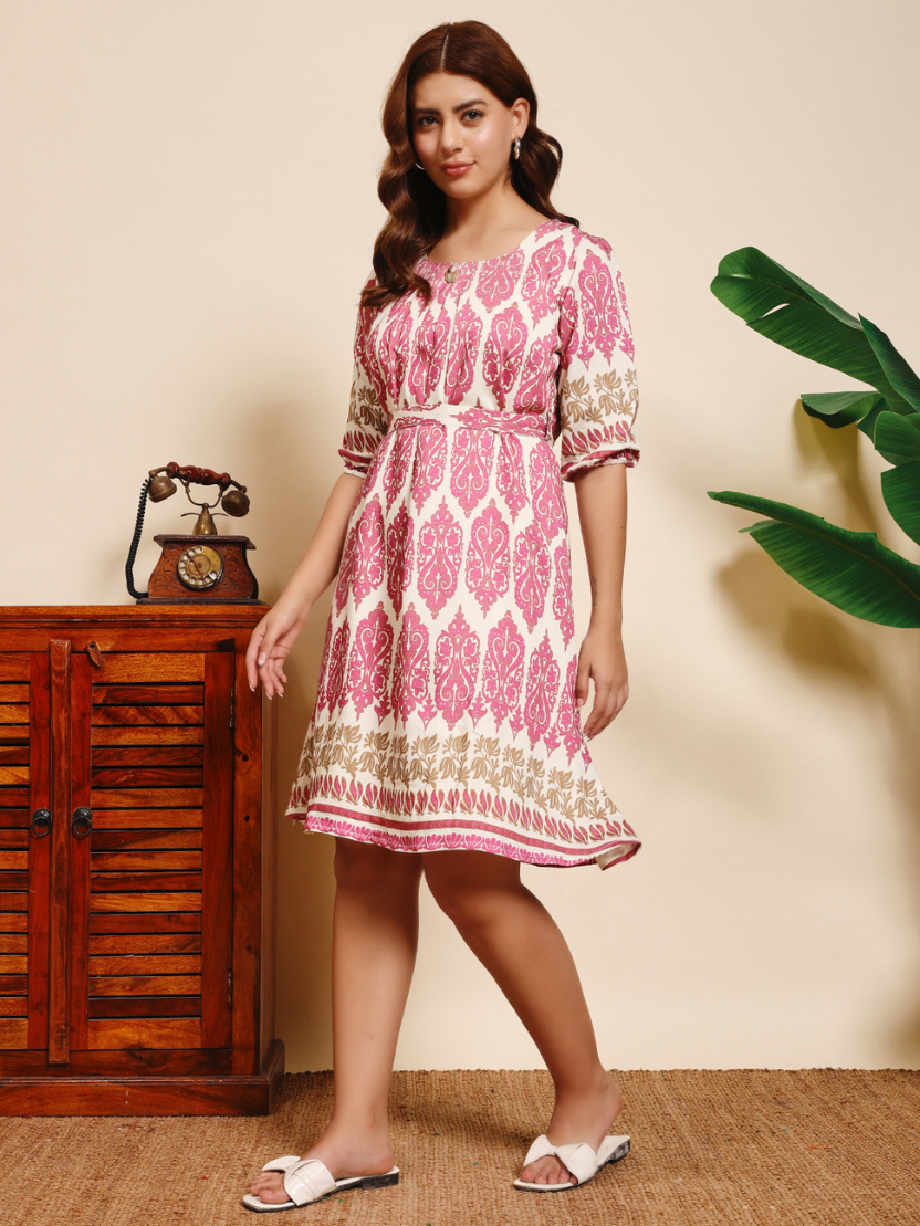 Sthulas's Pink Cotton Printed Dress