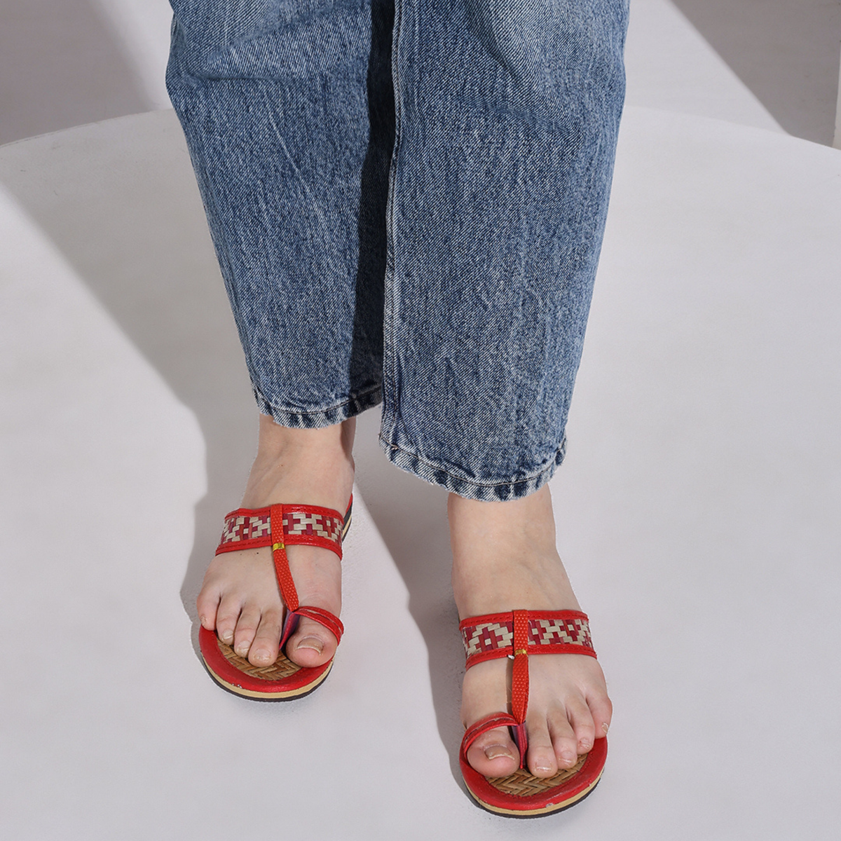 Sthula's  Women’s Red Woven Toe Loop Flat Slippers