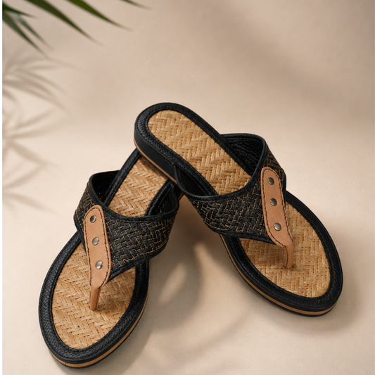 Sthula's Women’s Black Woven Toe Loop Flat Sandals