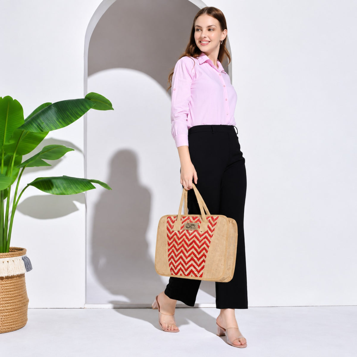 STHULA Red & Beige Handwoven Jute Laptop Tote Bag