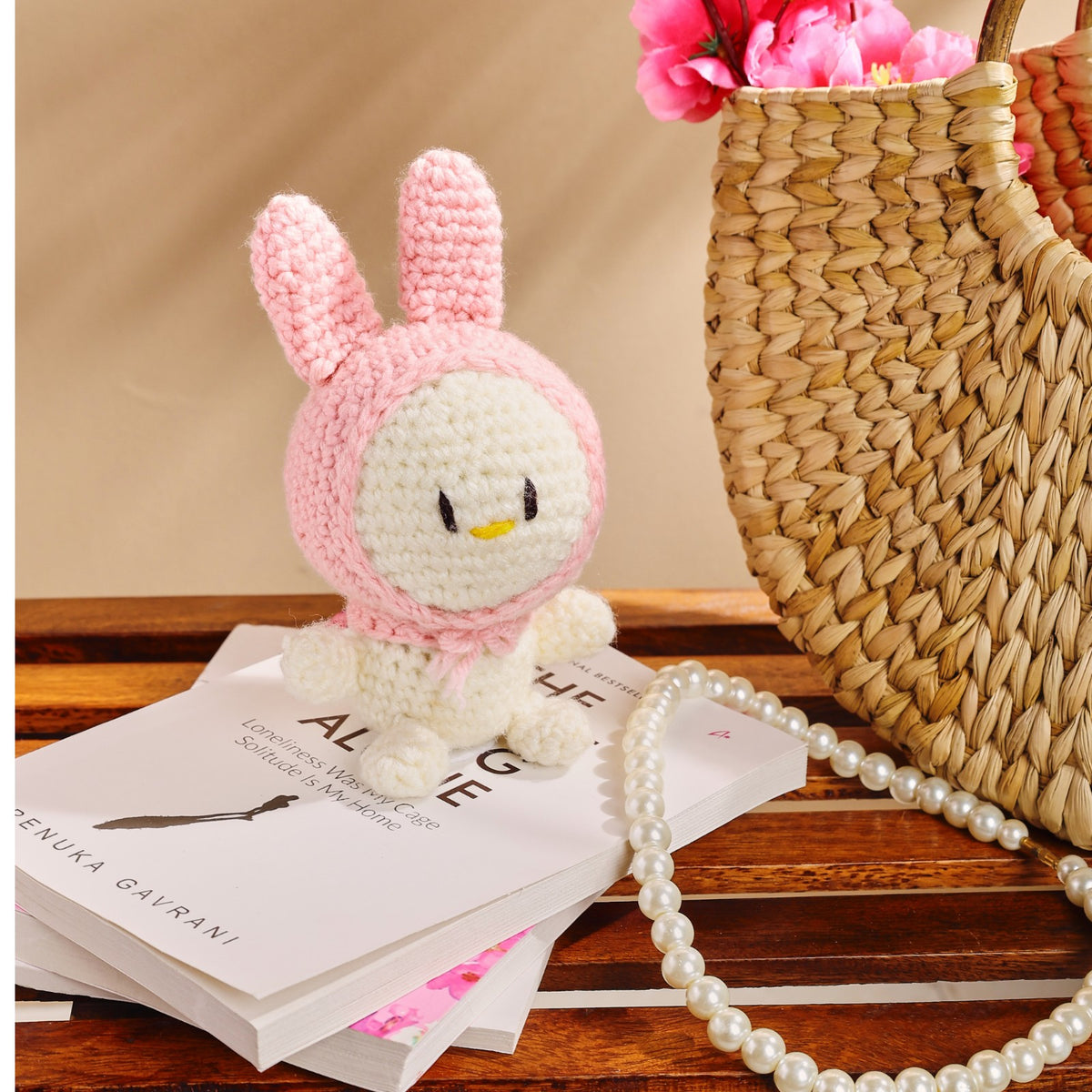 Sthula's  Handmade Crochet Pink Bunny Doll with Soft Cream Body