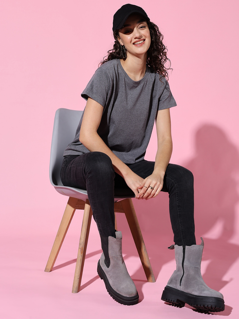 Sthula's Women Grey Melanch Cotton T-Shirt
