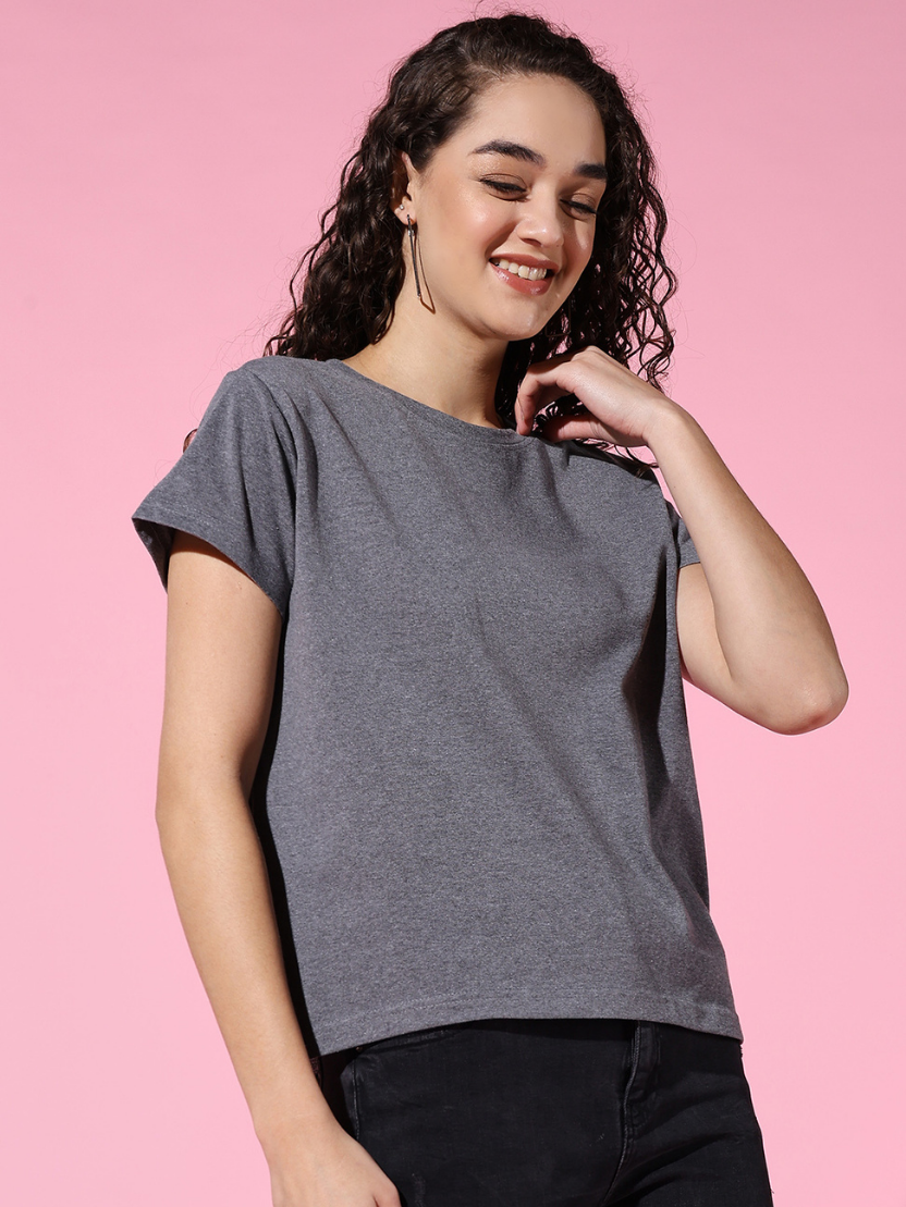 Sthula's Women Grey Melanch Cotton T-Shirt