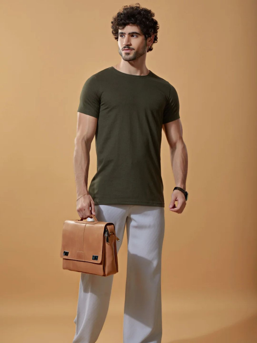 Sthula's Men Green  Melange Cotton T-Shirt