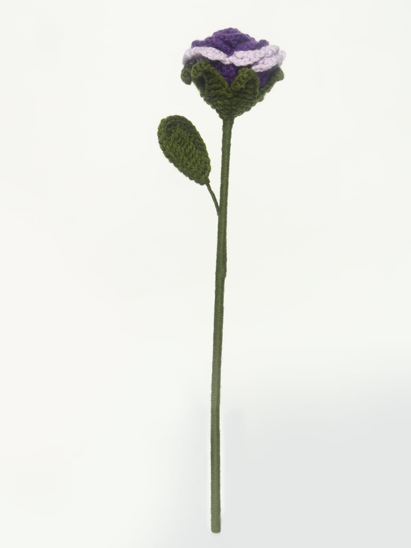 Sthula's Handcrafted Handmade Purple & White Wool Rose with Leaf & Stem