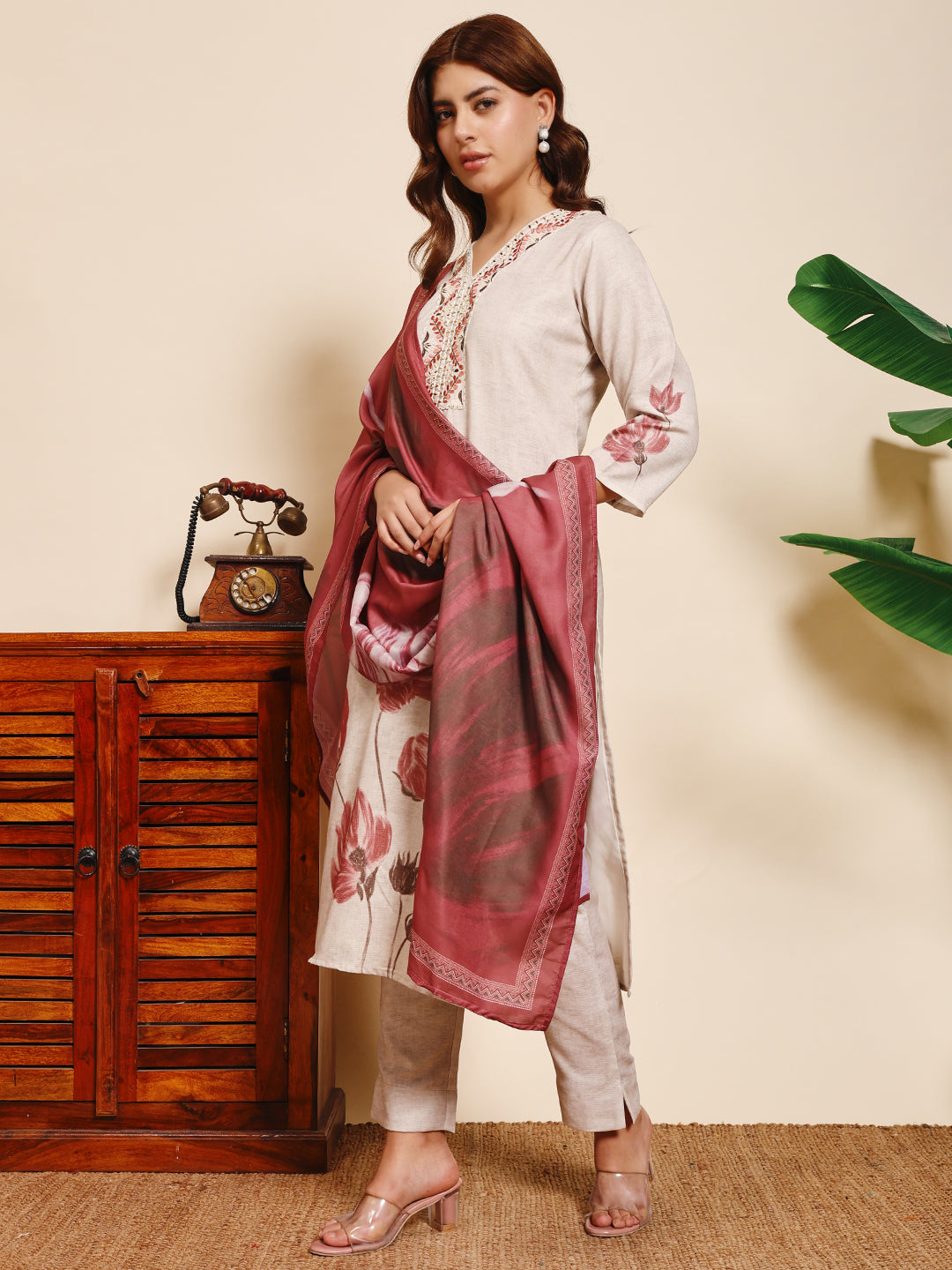 Sthula's Off White Floral Kurta Set with Wine Dupatta
