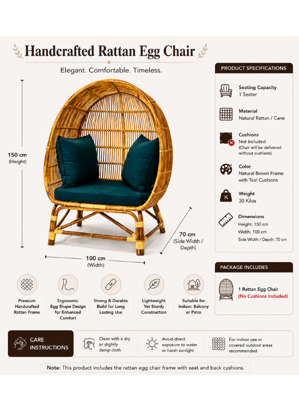 Sthula's Natural Brown Handmade Rattan Egg Chair | Premium Cane Accent Chair