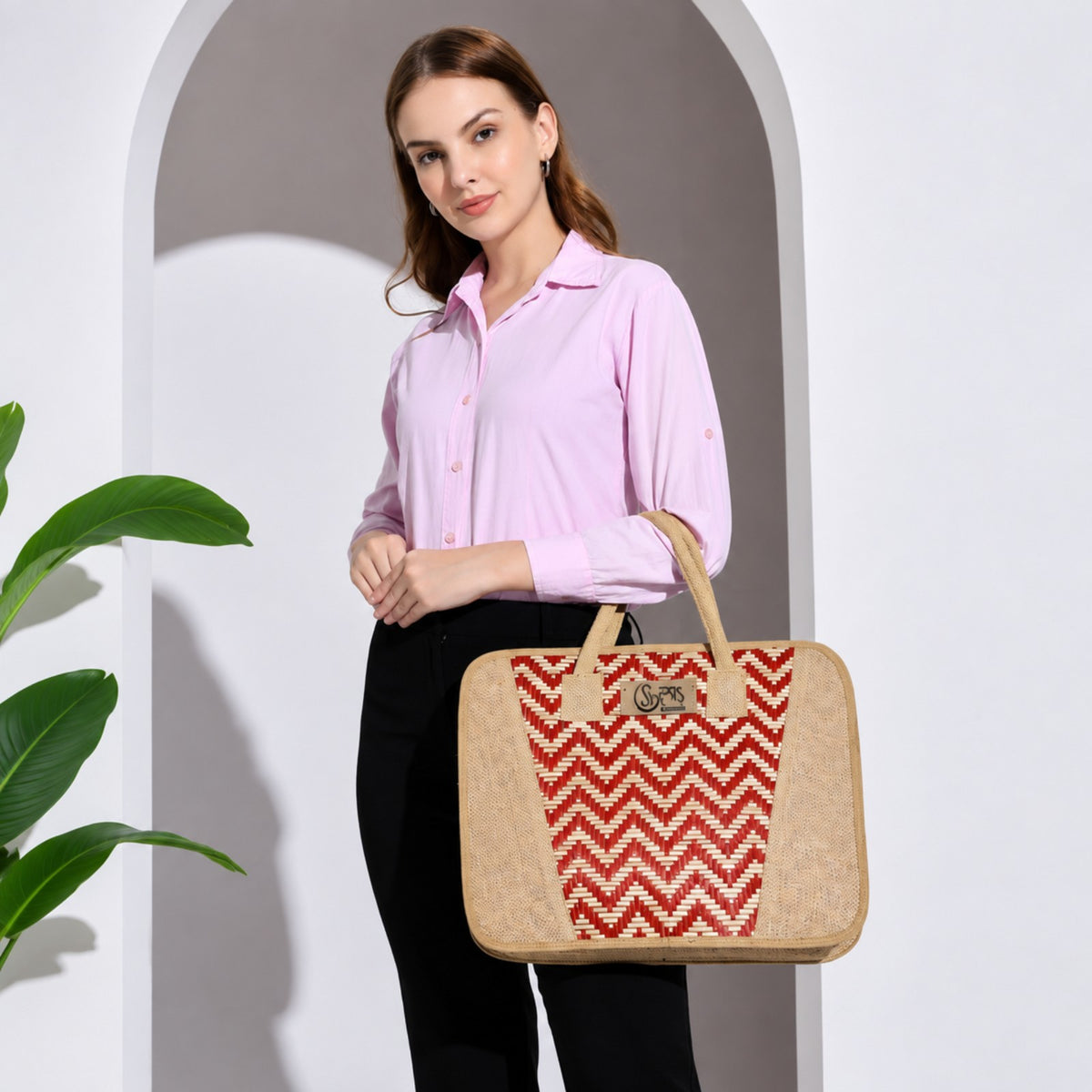 STHULA Red & Beige Handwoven Jute Laptop Tote Bag
