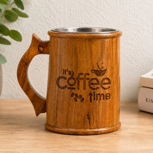 Sthula's Handmade Wooden Brown Coffee Mug With Stainless Steel Lining