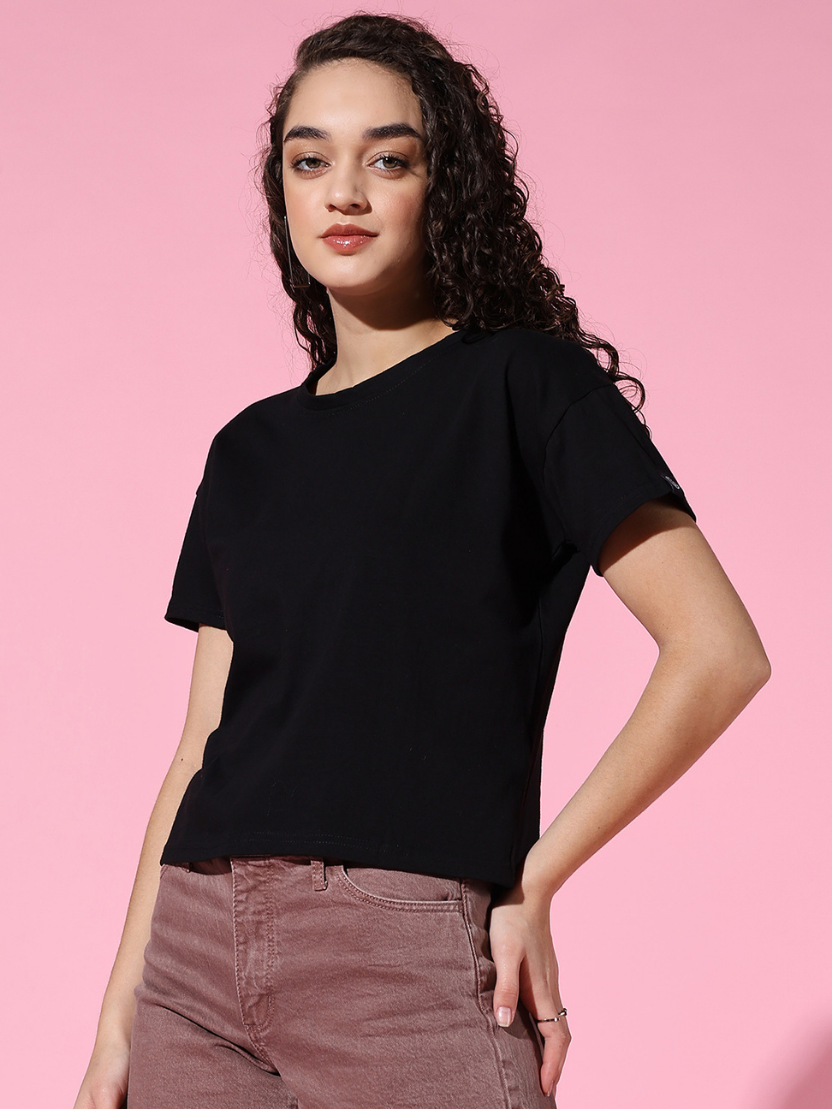Sthula's Women Black Cotton T-Shirt