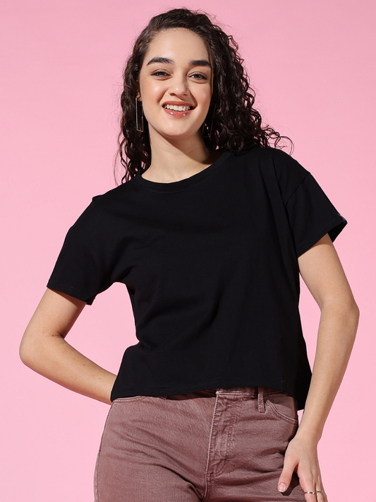 Sthula's Women Black Cotton T-Shirt