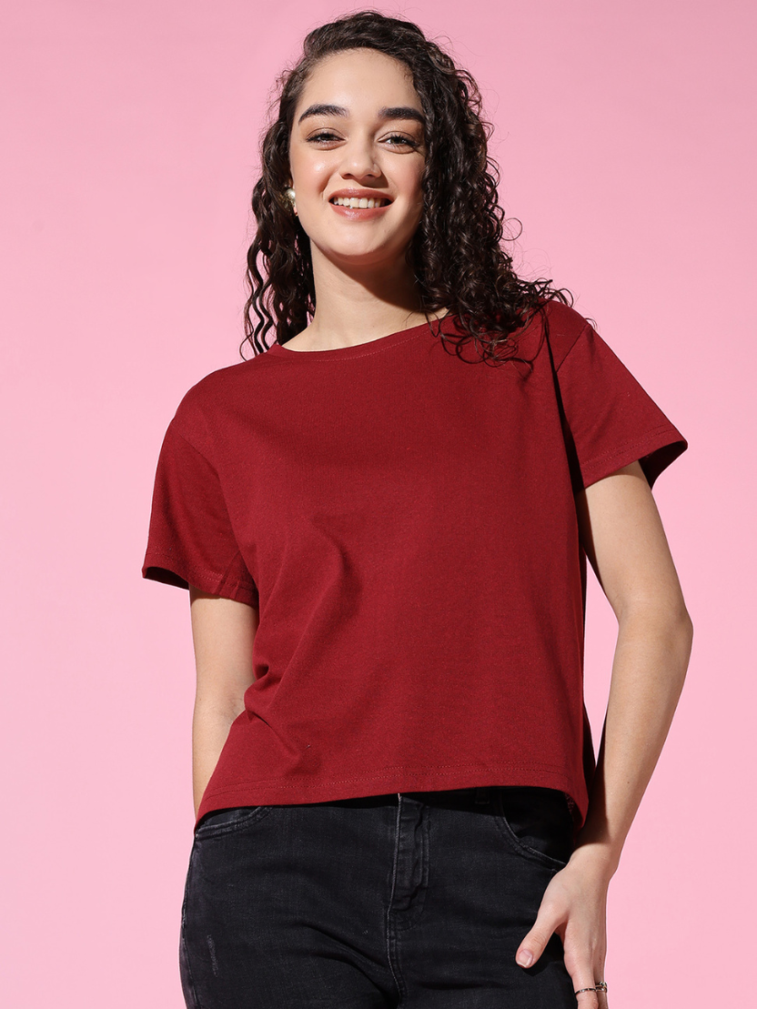 Sthula's Women Maroon Cotton T-Shirt