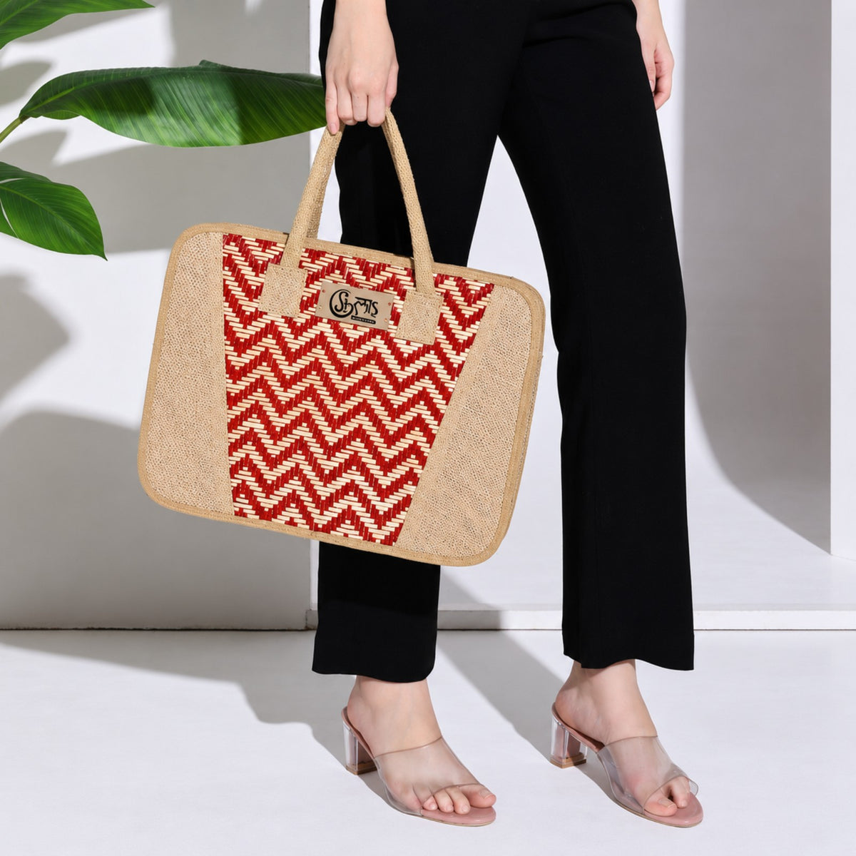 STHULA Red & Beige Handwoven Jute Laptop Tote Bag
