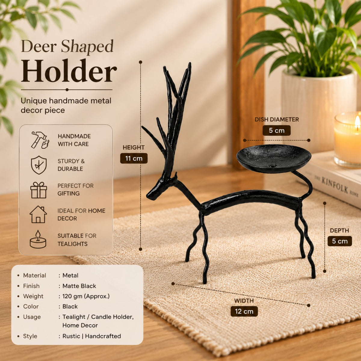 Sthula's Handmade Black Metal Deer Candle Holder