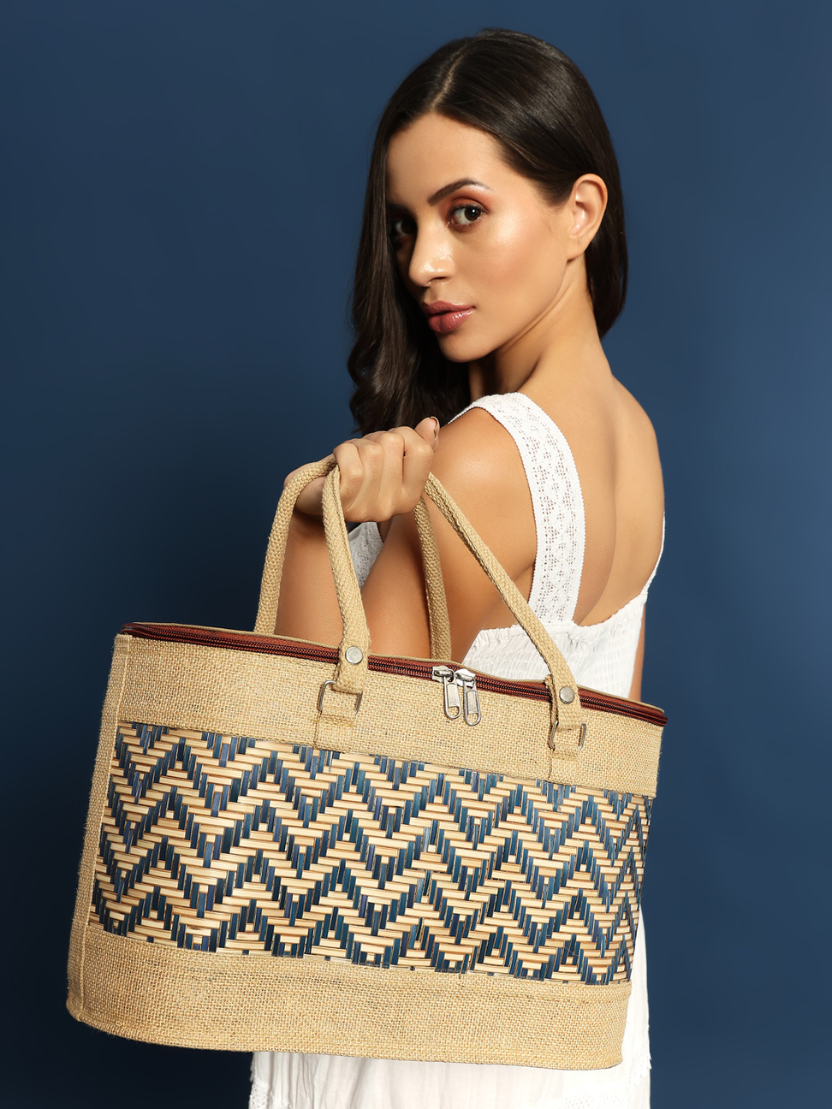 Sthula's Handcrafted Jute Handbag with Geometric Pattern