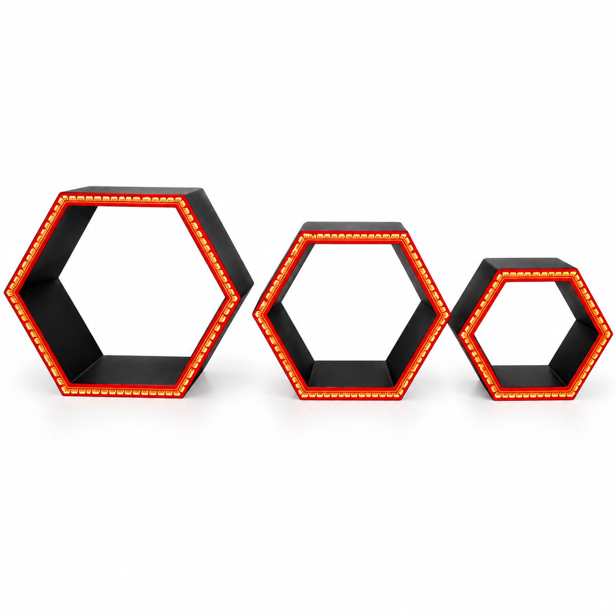Sthula's Red Black Wooden Hexagon Wall Shelf Set