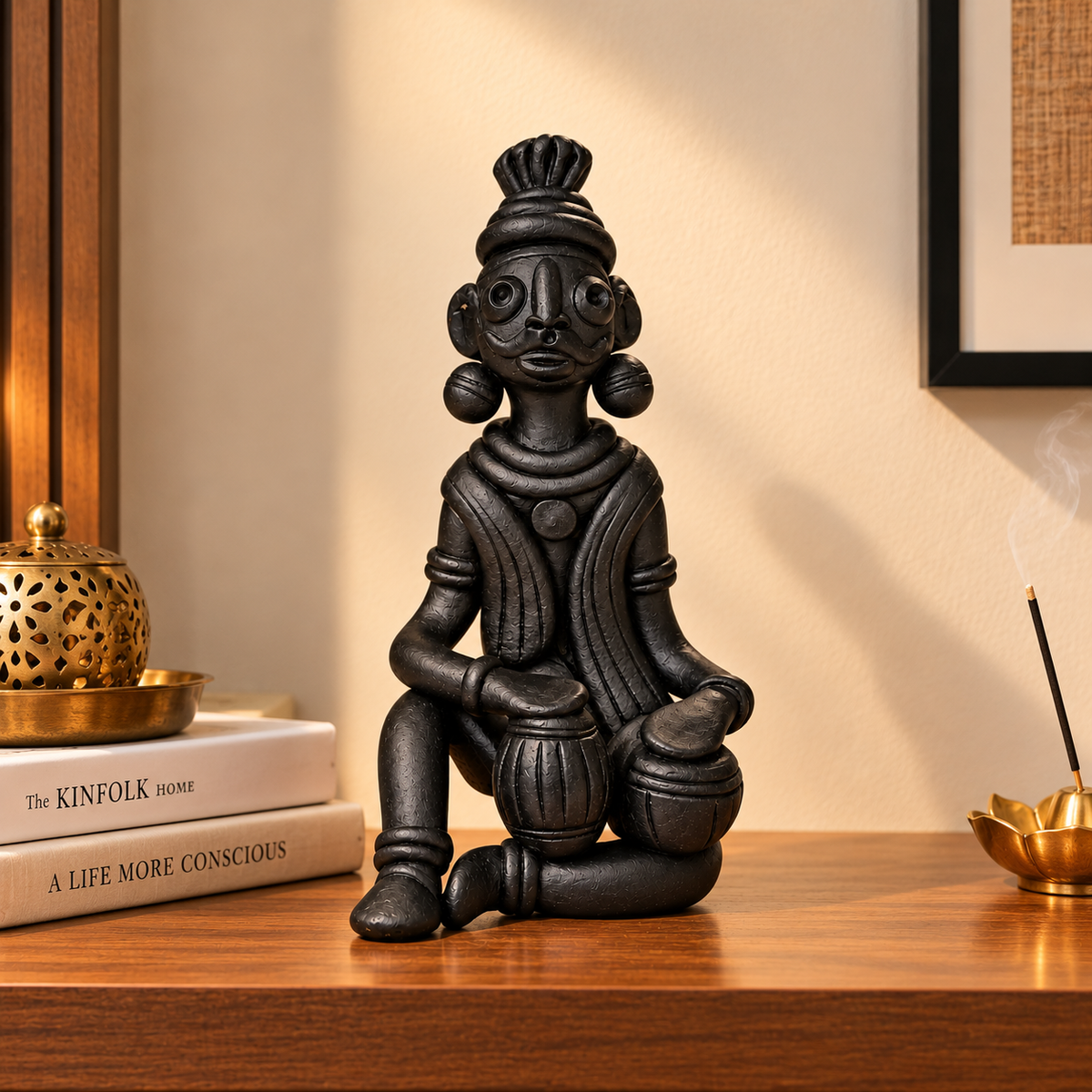 Sthula's Handmade Black Terracotta Tribal Musician