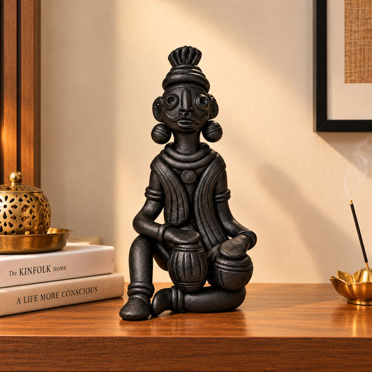 Sthula's Handmade Black Terracotta Tribal Musician