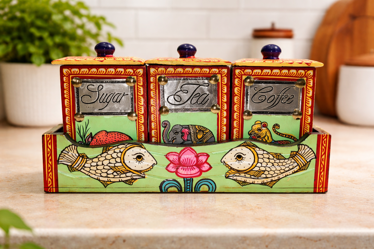 Sthula's Handcrafted Multicolor Wooden Sugar Tea Coffee Jar Set with Tray