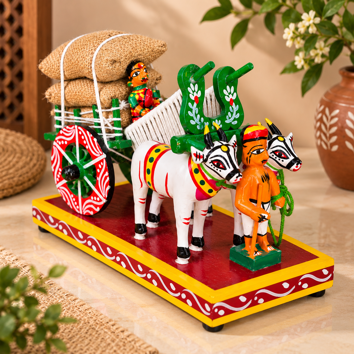 Sthula's Handmade Multicolor Bullock Cart Decorative Showpiece