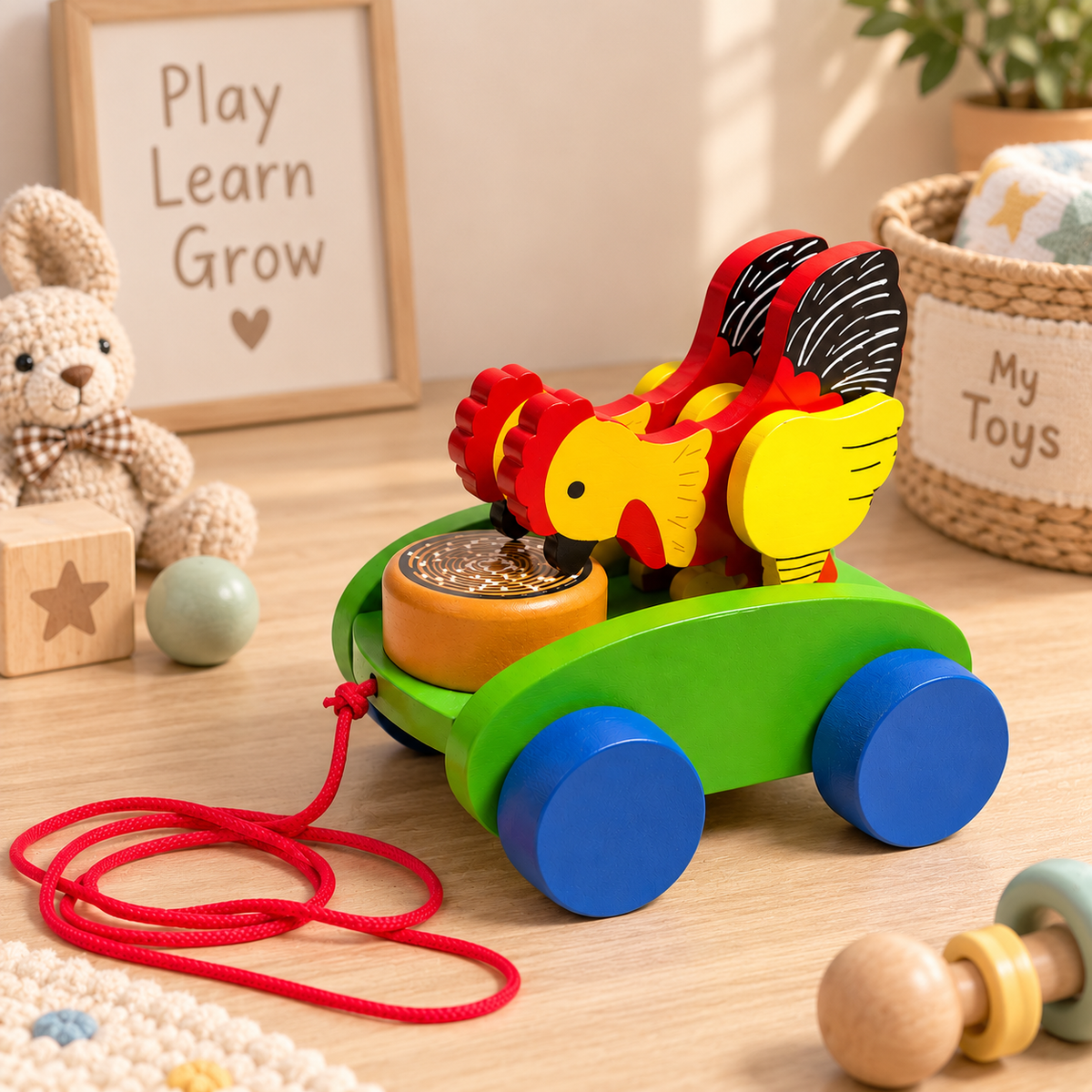 Sthula's Multicolor Wooden Bird Pull Along Toy