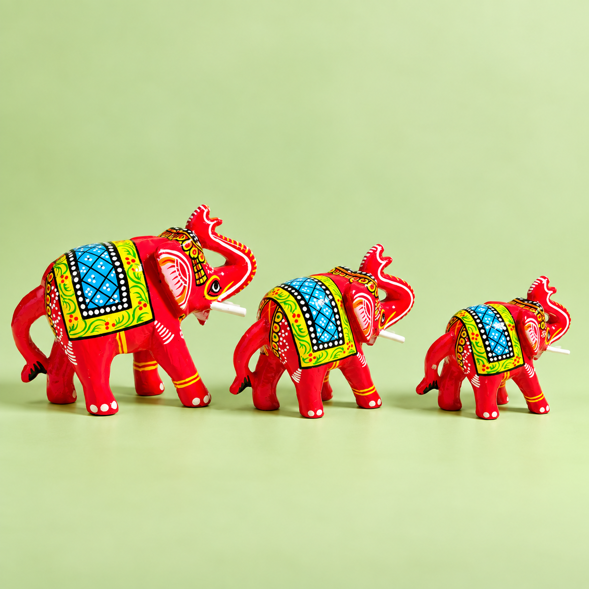 Sthula's Red Handcrafted Elephant Set – Wooden Decorative Figurines