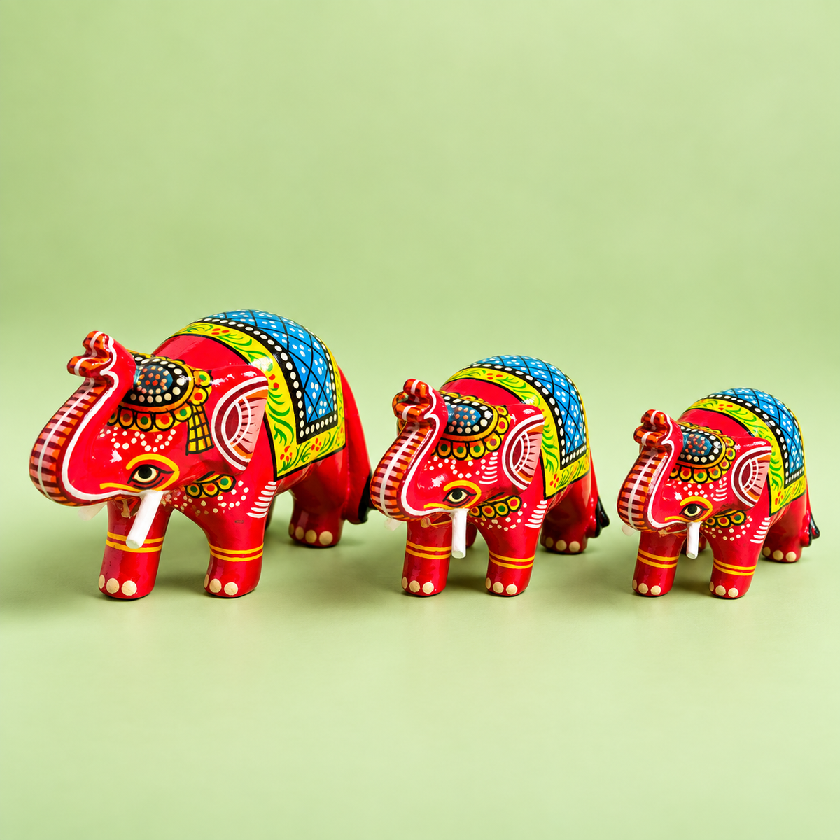Sthula's Red Handcrafted Elephant Set – Wooden Decorative Figurines