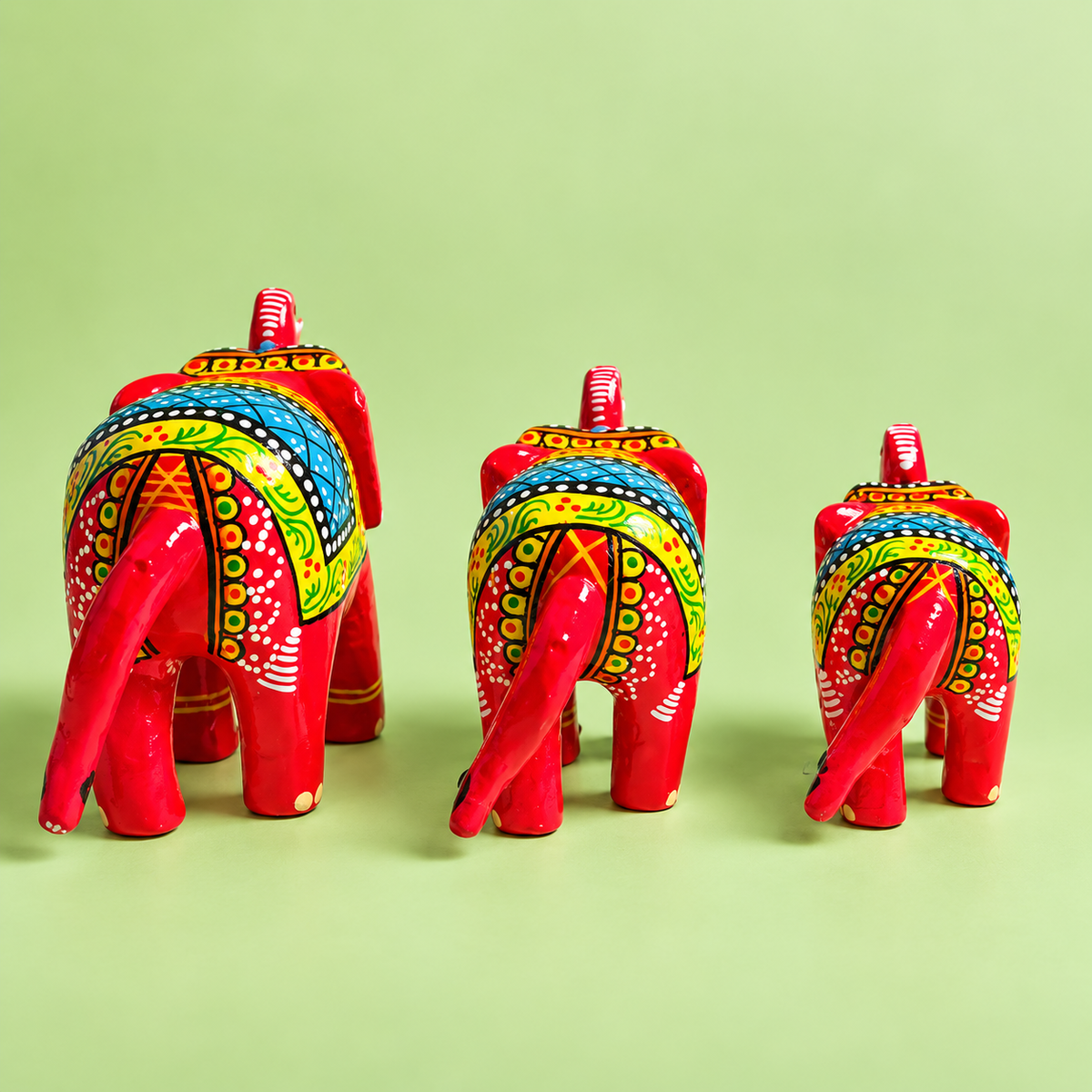 Sthula's Red Handcrafted Elephant Set – Wooden Decorative Figurines