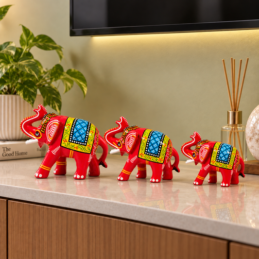 Sthula's Red Handcrafted Elephant Set – Wooden Decorative Figurines