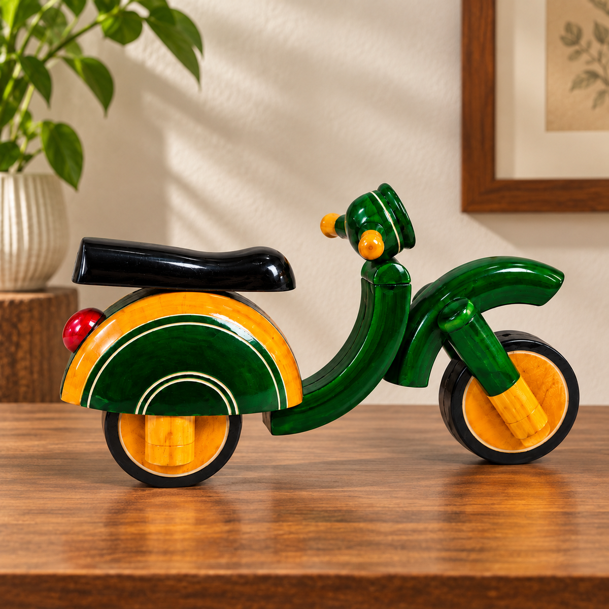 sthula's Green Yellow Wooden Scooter Decorative Showpiece