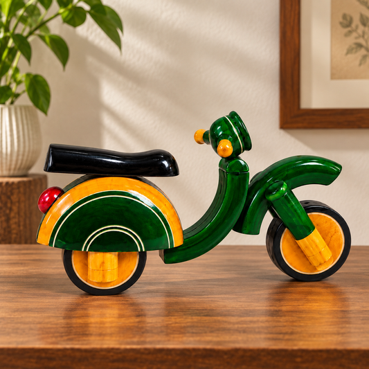 sthula's Green Yellow Wooden Scooter Decorative Showpiece