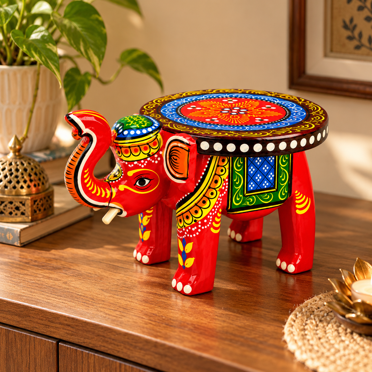 Sthula's Red Multicolor Wooden Elephant Table