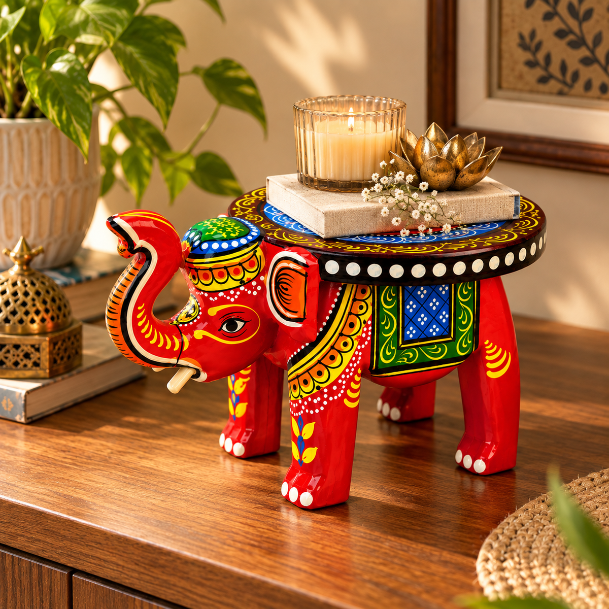 Sthula's Red Multicolor Wooden Elephant Table