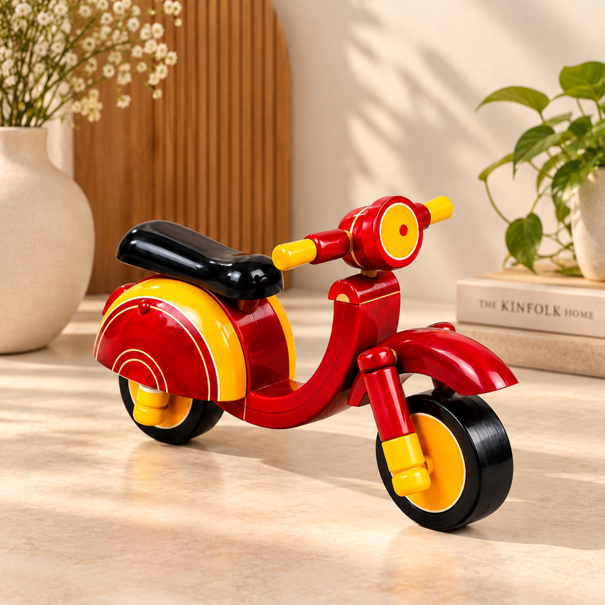 Sthula's  Red Yellow Wooden Scooter Decorative Showpiece