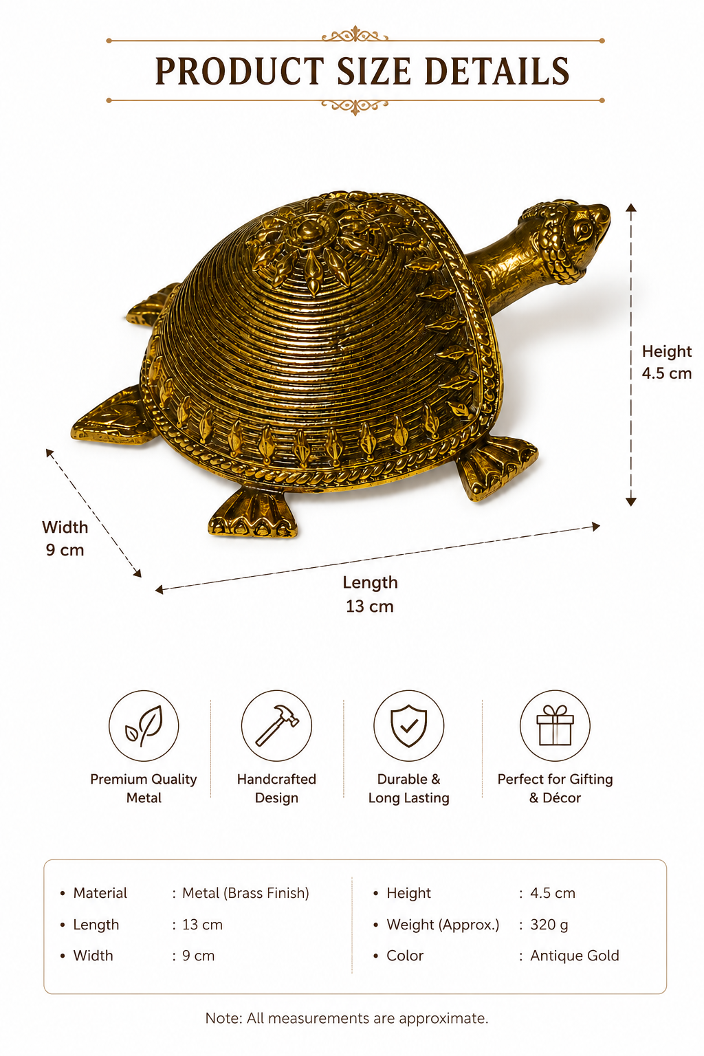 Sthula's Handmade Antique Brass Turtle Figurine