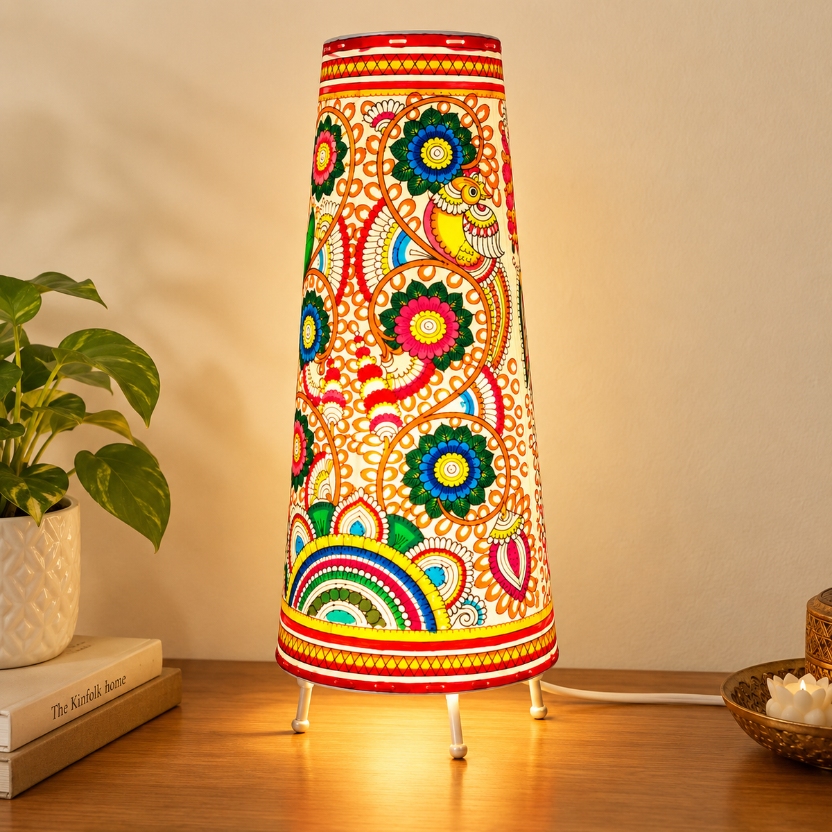Sthula's Multicolor Peacock Floral Metal Table Lamp