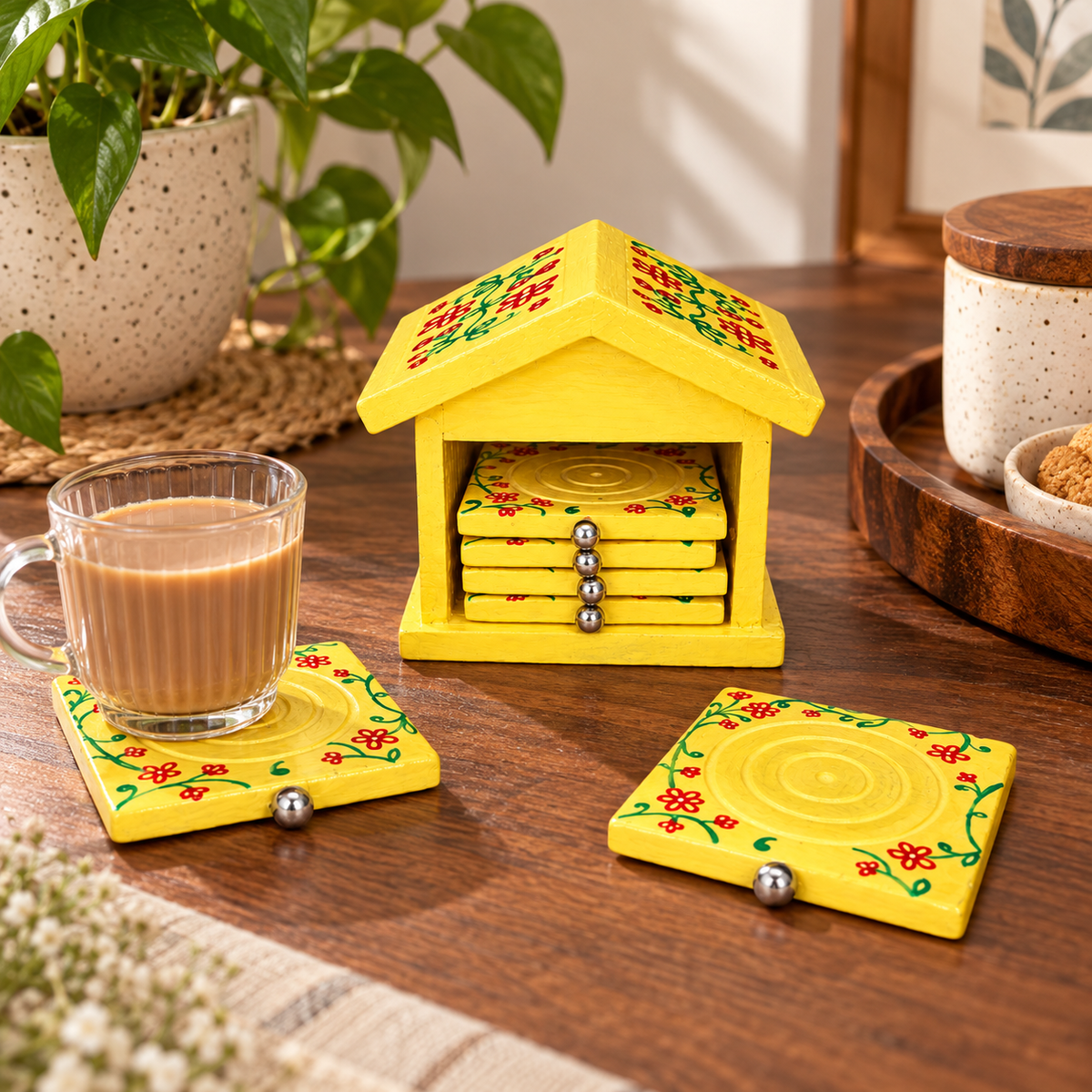 Sthula's Yellow Wooden Floral Tea Hut Coaster Set