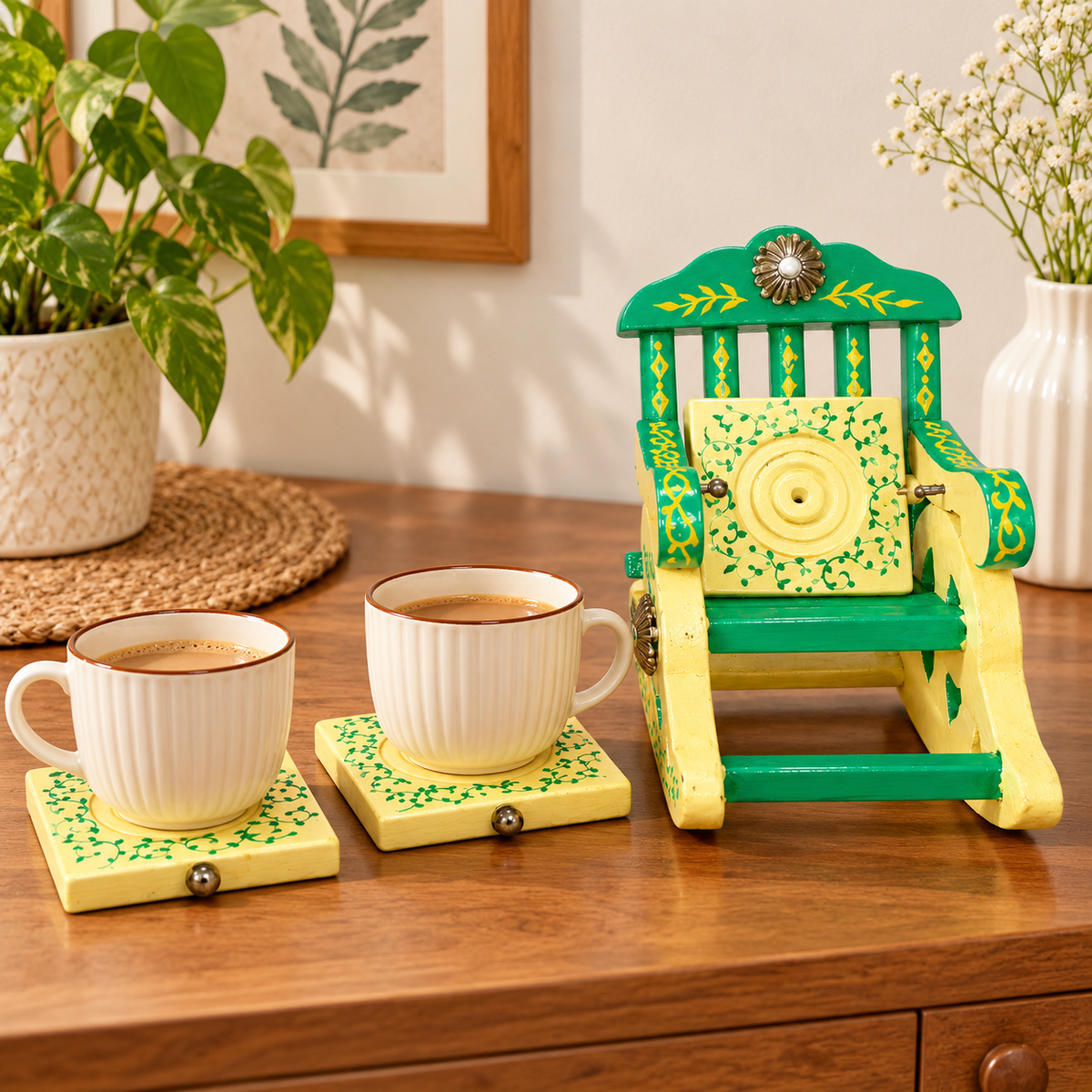 Sthula's Mint Green Cream Wooden Chair Coaster Set
