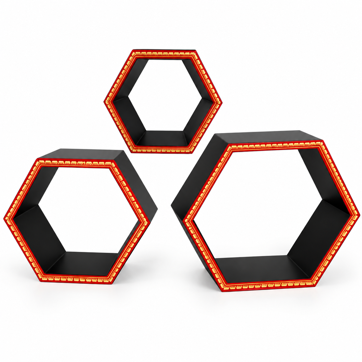 Sthula's Red Black Wooden Hexagon Wall Shelf Set