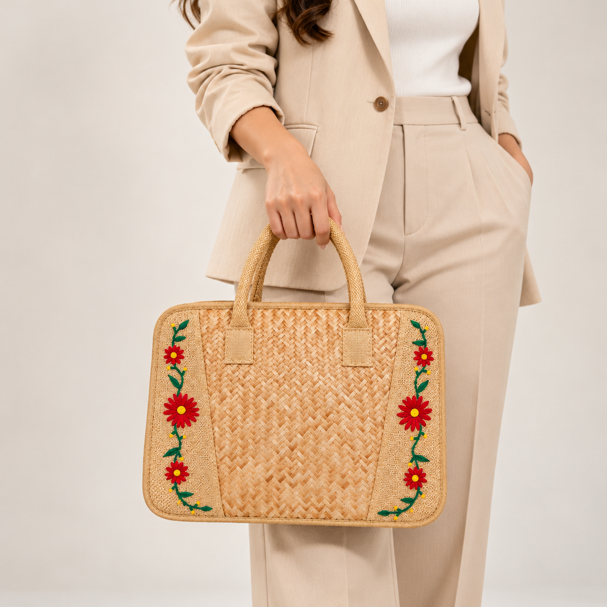 Sthula's Jute Woven Laptop Bag with Floral Embroidery