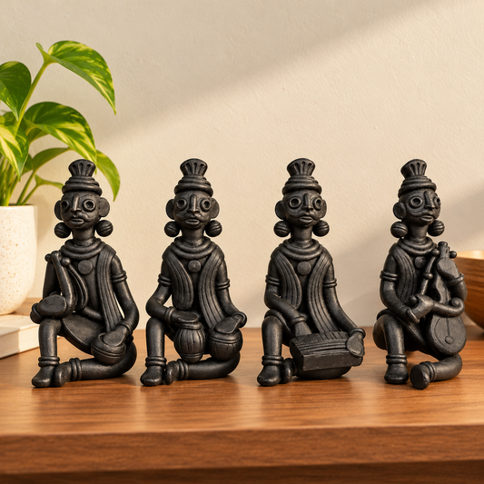 Sthula's Handmade Black Terracotta Tribal Musician Set